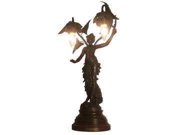 Auguste Moreau Fruits D' Automne Art Nouveau Bronze Maiden Table Lamp (French c. 1900s)