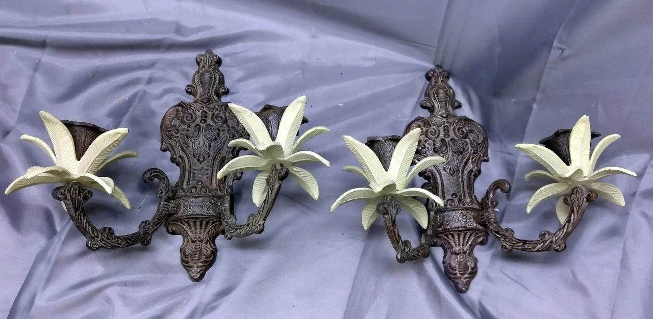 Pair of Two 2 Set of Brass Tropical Wall Sconces Candle