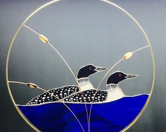2 Loons stained glass suncatcher panel