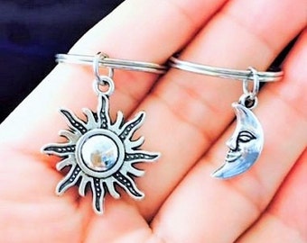 SALE - Set of 2 Sun and Moon Charm Keychain, Best Friends Keychains, Bff Couples, Sisters, Christams Gift.