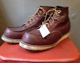 Vintage red brown leather moc toe Red Wing boots 8138 work chore workwear lace up US 12 UK 11 made in USA welted sole