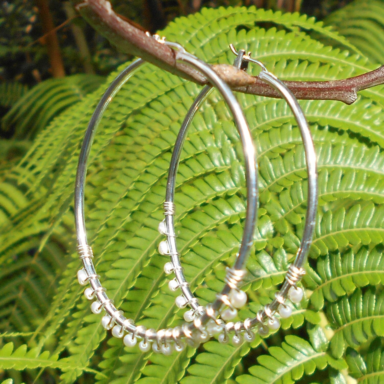 Silver Hoop Earrings Wire Wrapped Tiny White Pearl Hoops