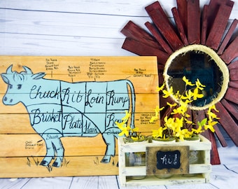 Butcher Chart, Cow, Butcher Chart Diagram, Kitchen Art, Cuts of Meat, Kitchen Decor, Beef Sign, Rustic, Wood Sign, Farmhouse, Farm Kitchen