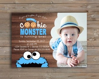 Cookie Monster Sesame Street Birthday Invitation and Thank You Card, printable, customizable, photo, Digital File or Printed Options