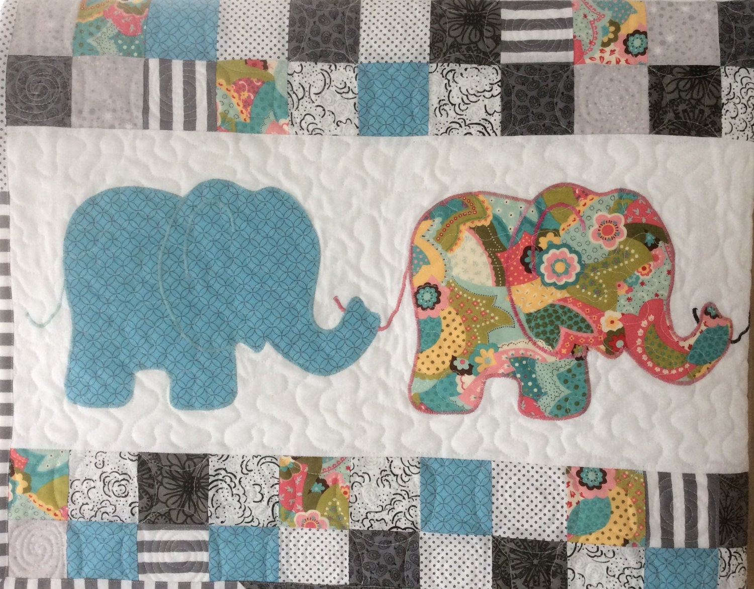 Handmade Baby quilt. Elephants on Parade 2. Free postage/Shipping