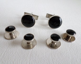 Vintage Pioneer Cuff Links and Tuxedo Studs, Mens Black Silver Finish Cufflinks Shirt Studs, Gift for Him, Wedding Grooms Wear, ID 510437323