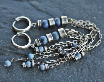 Long sterling silver earrings, silver tassel earrings, shoulder duster earrings, dumortierite earrings, oxidized silver earrings