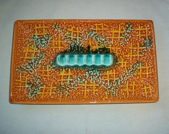 Vintage Mod 1960's Console Ashtray Orange Turquoise Embossed Dimensional Pattern Mid Century Art Deco Ceramic Glazed Collectible Ashtray