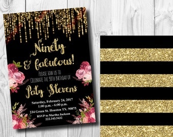 90th Birthday Invitation - Gold Glitter Invitation - Floral Invitation - Elegant Birthday Invitation