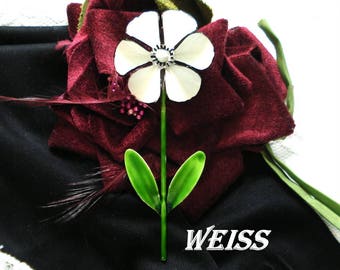 WEISS FLOWER BROOCH White Enamel Large 4+ Inches Green Stem Leaves Gold Tone