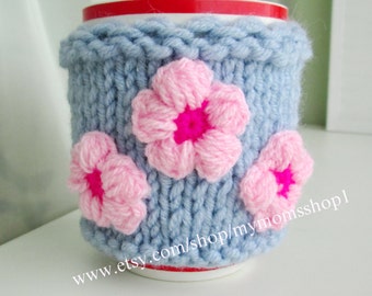 Cup Cover with flowers, Coffee Tea Mug ash gray Cover Cup Cozy Sleeve - Hand Knit cute grey-blue Cozy Coffee