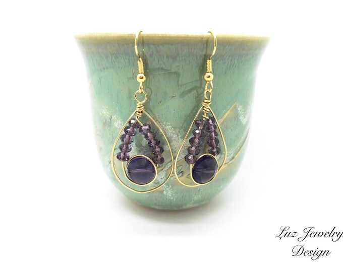 Gold purple earrings, Purple earrings, purple gold earrings, wire wrapping earrings, Purple jewelry, lavander earrings