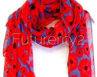Small Red Poppy Blue/Grey Summer Scarf Spring Scarf / Gift For Her / Womens Scarves / Fashion Accessories