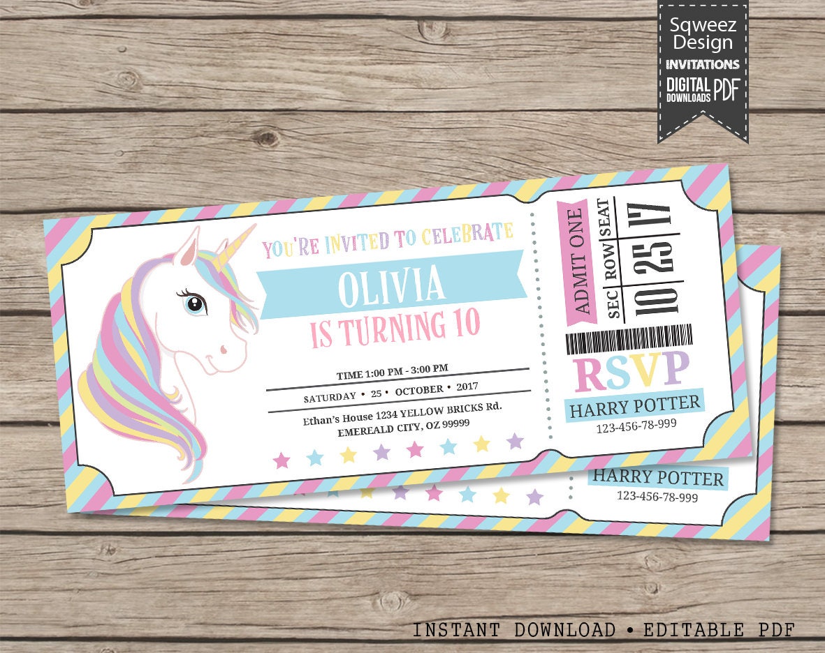 unicorn ticket invitations unicorn party invitation