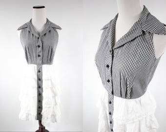 1950's Cotton Gingham Sleeveless Eyelet Ruffle Dress