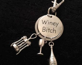 80p UK P+P Winey bitch keyring keychain best friends wine lover wine glass bottle corkscrew charm bag clip silver bff stamped coin key ring