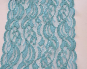 Turquoise Blue Lace Trim 8" wide and 3 FT - 12FT length/ cut not hemmed/Aqua/Turquoise and of silver thread /DIY Table runner lace