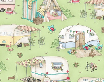 Green Retro Camper Quilt Fabric, Travel Trailer, Glamping, RV, Maywood Studio Roam Sweet Home, MAS8220 G, Glamour Trailers, Cotton