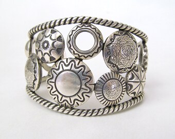 Sterling Silver Concho Cuff Bracelet, Native American Jewelry, Big Bold Unique Heavy Sterling Silver Cuff, Vintage Southwest Concho Jewelry