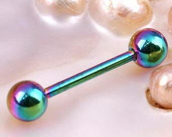 Colorful Rainbow Anodized Titanium 14 Gauge Barbell Tongue Ring 16 mm Long