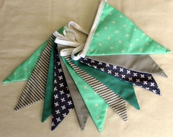 Mint and Grey Double-sided 11 Flag Modern Fabric Bunting, 208 cm long.