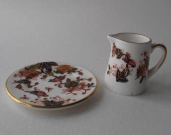 Vintage Coalport MINIATURE bone china jug and plate, hand decorated in 'Hong Kong' Imari pattern.