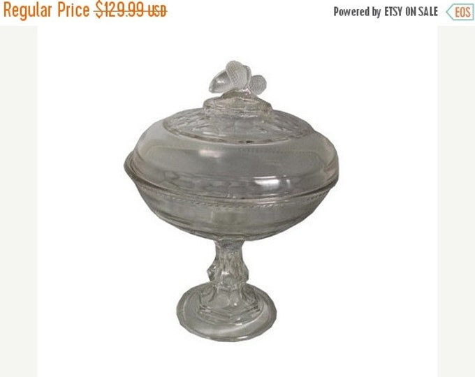 Storewide 25% Off SALE Beautiful Antique Early Americana 19th Century Patterned Glass Lidded Candy Bowl Featuring Original Acorn Finial and