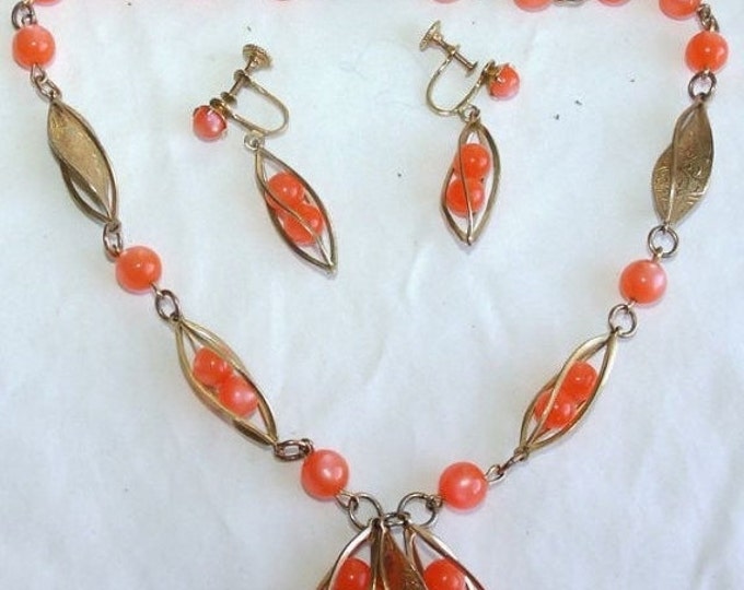 Storewide 25% Off SALE Vintage Gold Tone Orange Opalescent Bead & Leaf Textured Designer Necklace With French Post Earrings Featuring Sherb