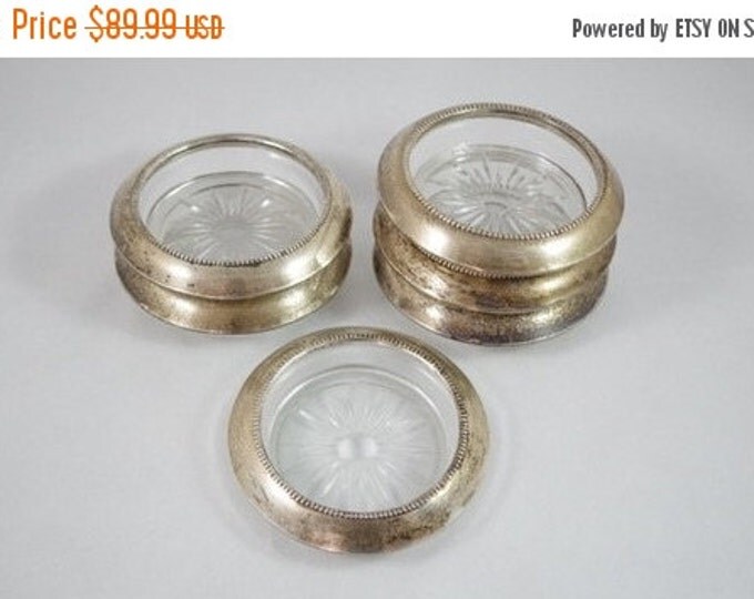 Storewide 25% Off SALE Vintage Set Of Six Frank M. Whiting Sterling Silver Rimmed Clear Crystal Glass Coasters Complete With Original Marker