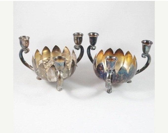 Storewide 25% Off SALE Vintage Art Deco Silver Plated Matching Lotus Leonard Candle Holders Featuring Triple Arm Candle Wells With Unique Vi