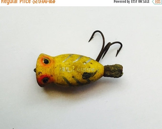 Storewide 25% Off SALE Antique Yellow & Red Single Hook Wooden Plug Fishing Lure Featuring Original Hand Painted Design