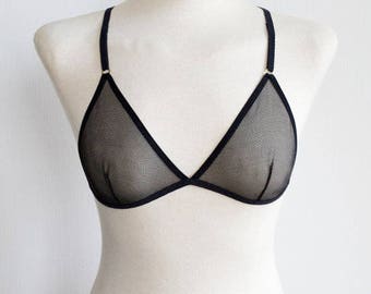 black animal sheer mesh cross back bralette up for women