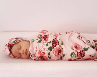 Baby swaddle set in Pink Roses Floral, Luxury Collection, headband, baby photo prop, hospital set, baby gift, stretchy swaddle,
