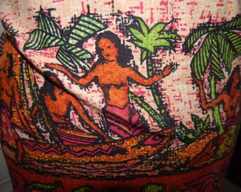 Vintage Hawaiian Tiki Polynesian Barkcloth Screen Print Wrap Skirt Rare