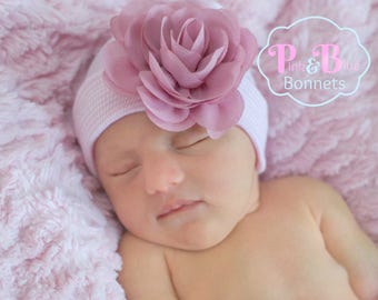 Newborn Hospital Hat Bow Baby Girl Hospital Hat Beanie with Flower Newborn baby girl hat with bow flower white newborn hat - PINK Dusty Rose
