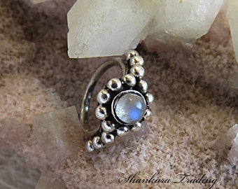 Moonstone Nose Ring, Sterling Silver Nose Ring, Ethnic Nose Ring, Tribal Helix Ring, Silver Tragus Ring, Body Jewellery, Indian Nose Ring