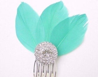 Turquoise Green Feather Fascinator Hair Comb Silver Art Deco Diamante 1920s 2353