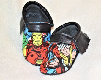 Superhero Moccasins, Leather shoes, Black Baby Moccasins with Super Hero prints ( prints may vary) , Baby Boy shoes, Baby shoes, Baby Gifts