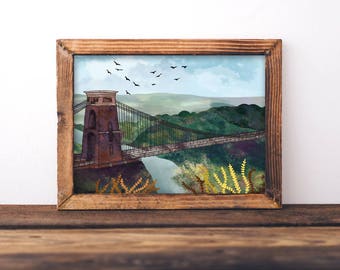 Clifton Suspension Bridge Illustration, Bristol Print - Bristol Landscape, Isambard Kingdom Brunel, Bristol Art, Bristol Poster Art