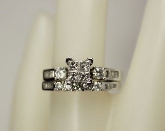Vintage Ladies 10K White Gold 1.12ctw Diamond Engagement Ring & Wedding Band Set Bridal Set Sz 7.25 c1980s