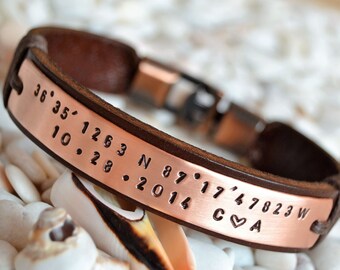 EXPRESS SHIPPING Personalized leather bracelet, Men. Personalized bracelet for men. Copper Mens bracelet. Personalized. Valentine's Day gift