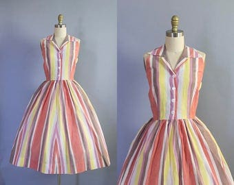 1950s Striped Cotton Halter Dress/ Medium (37b/30w)