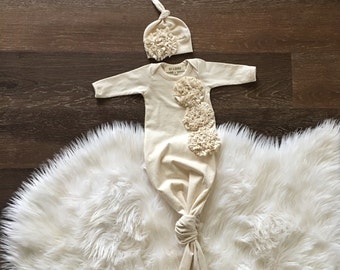 Organic knotted gown, newborn girl coming home outfit, knot gown, baby sleep sack, natural cream with ruffles, infant sleeper, gown and hat