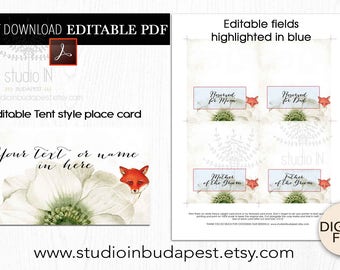 Wedding Place Card, Fox Place card template, printable escort card, Seating card, Table card template, Rustic place card, PDF template