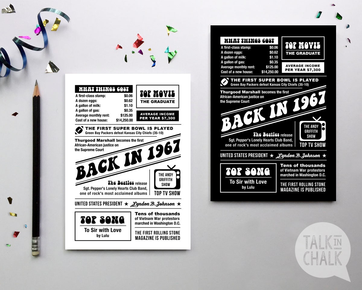BACK IN 1967 Printable 5x7 &amp; 8x10 1967 Digital Birthday Sign