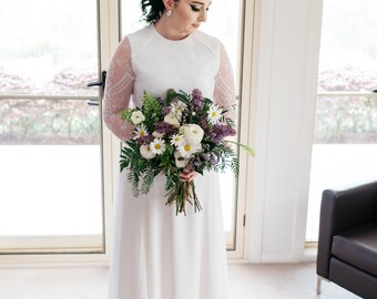 NICOLE // Size 10 // White Lace Long Sleeve Bodice Wedding Dress, 100% Silk Bridal Gown.