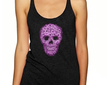 sugar skull shirt, day of the dead, racerback tank top, purple flowers, skull shirt, halloween, sugar skull clothing, dia de los muertos