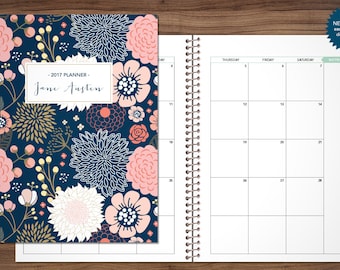 2017 2018 MONTHLY planner custom planner month at a glance planner calendar MAG / choose your start month / navy pink gold floral