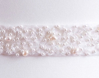 Crystal and Freshwater Pearl Bridal Belt Or Sash - Ivory - Made To Measure - OLIVIA