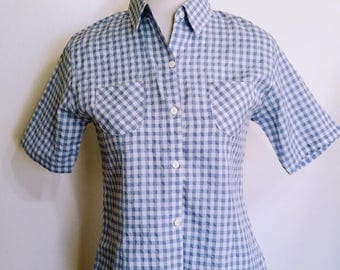 Gingham top, XS, seersucker top, seersucker blouse, short sleeve top, spring top, summer top, checkered top, plaid top, light blue top